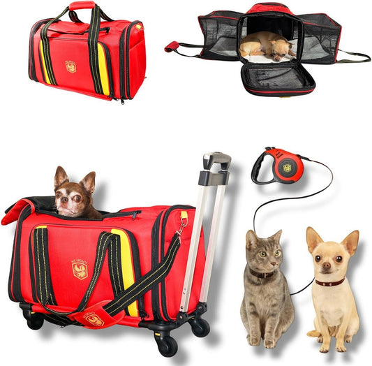 MY LEGACY Expandable Pet Carrier with Wheels & Matching Leash – Airline Compliant Cat & Small Dog Carrier, Fits under Most Airplane Seats for In-Cabin Travel, Soft-Sided Collapsible, Pets up to 18 Lbs