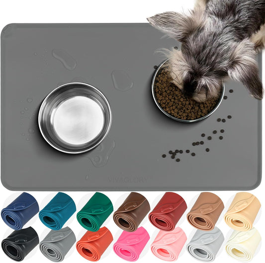 VIVAGLORY Pet Food Mat Flexmat Dog Bowl Mat, S, Grey