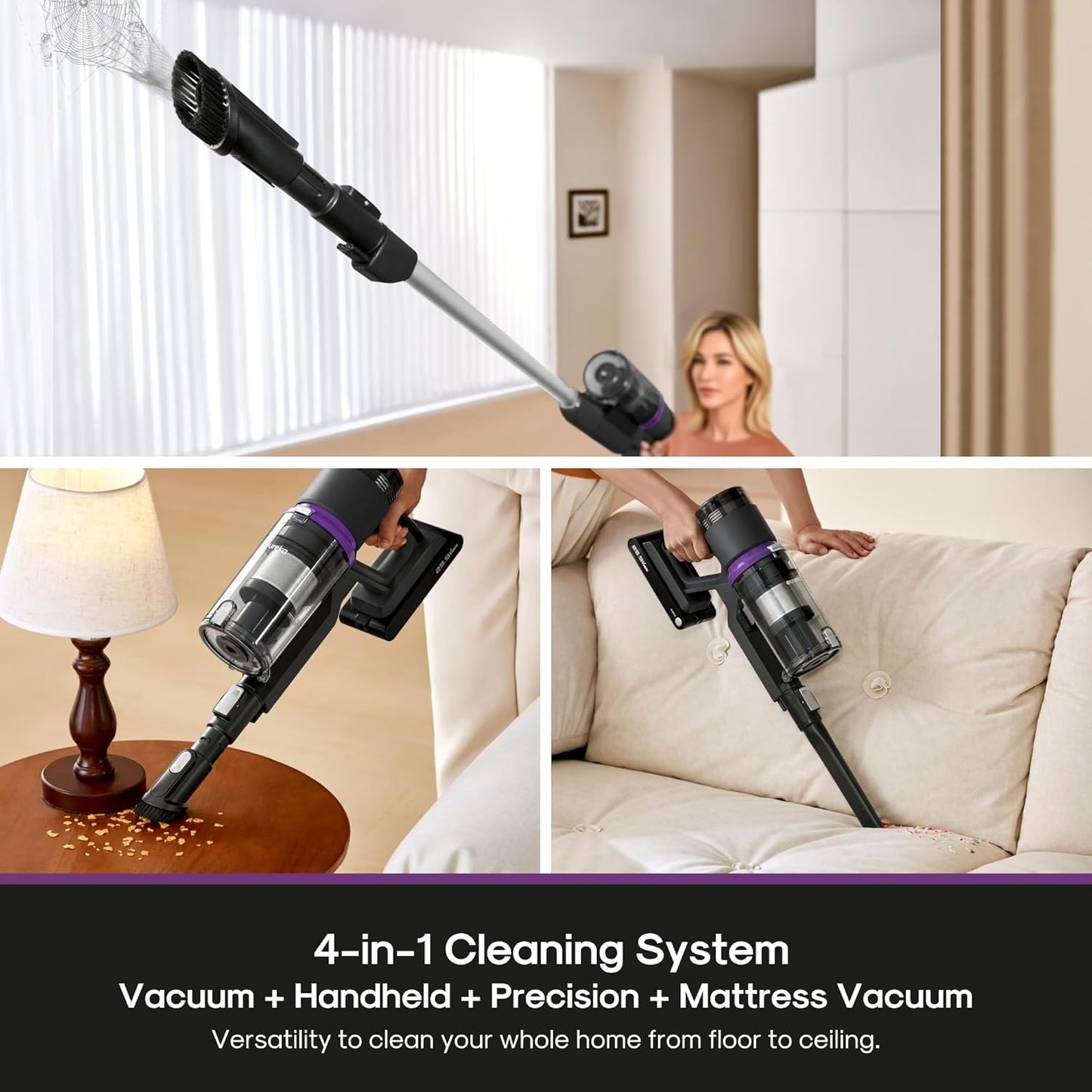 Eurekacordless Vacuum - 50 Min Runtime for Large Homes, 5.5 Lbs Lightweight, Ideal for Pet Hair & Allergies on Hardwood & Carpet Reacticlean 410