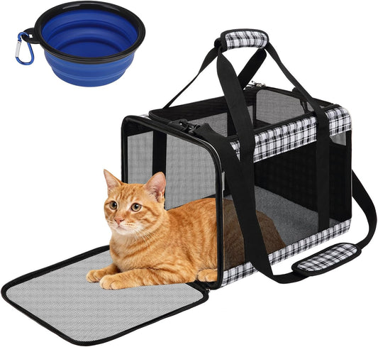 Soft Sided Cat Carrier for Large Cats up to 20 Lbs, Collapsible Cat Bag Airline Approved with Upgrade Zipper Closures,17 * 12 * 12In Pet Travel Carrier for Small Dogs Puppy or 2 Kittens, Black