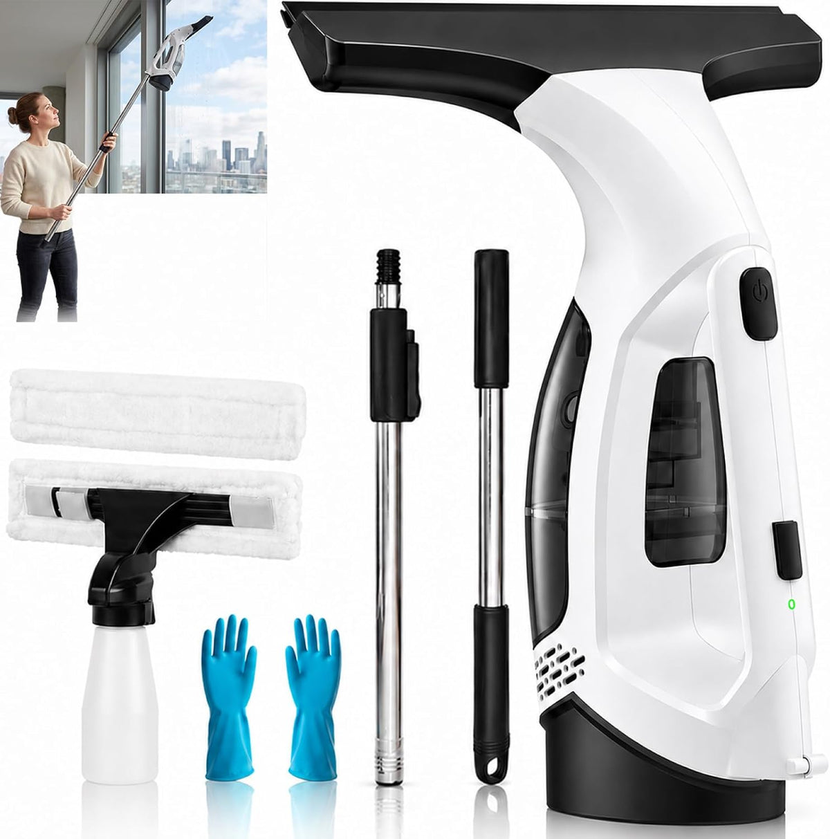 Window Vacuum Squeegee Cordless, Window Vacuum Cleaner with 2000Pa Streak-Free Suction, 30–40" Extension Pole, 11-Inch Cleaner Tool for High Windows, Shower Glass, Tiles & Mirrors