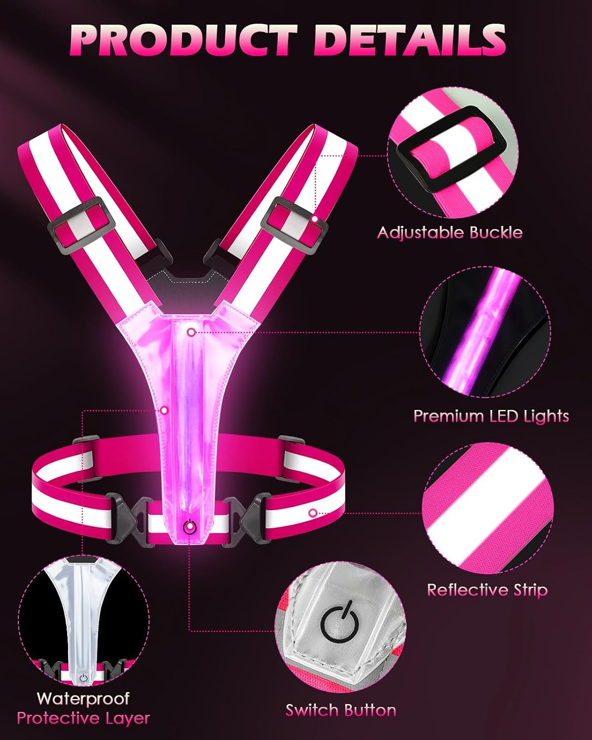 Zacro LED Reflective Vest Running Gear, 5 Lights Colors High Visibility Reflective Running Gear Rechargeable Light up Running Vest for Walking Running Cycling, Adjustable for Men Women Kids
