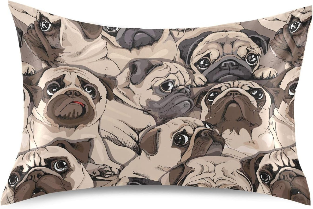 Satin Pillowcase for Hair and Skin, Pug Dog Silk Pillow Case Soft and Cozy Body Pillow Covers Standard Size with Envelope Closure
