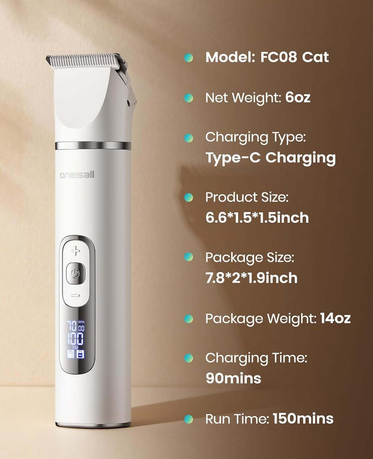 Oneisall Quiet Cat Clippers for Matted Hair, 3 in 1 Cat Grooming Kit with LCD Display, Cat Hair Trimmer for Paw Trimmer, 3 Speed, Cordless, IPX7 Waterproof Pet Clippers for Butt, Paw, Back, Ear, Face