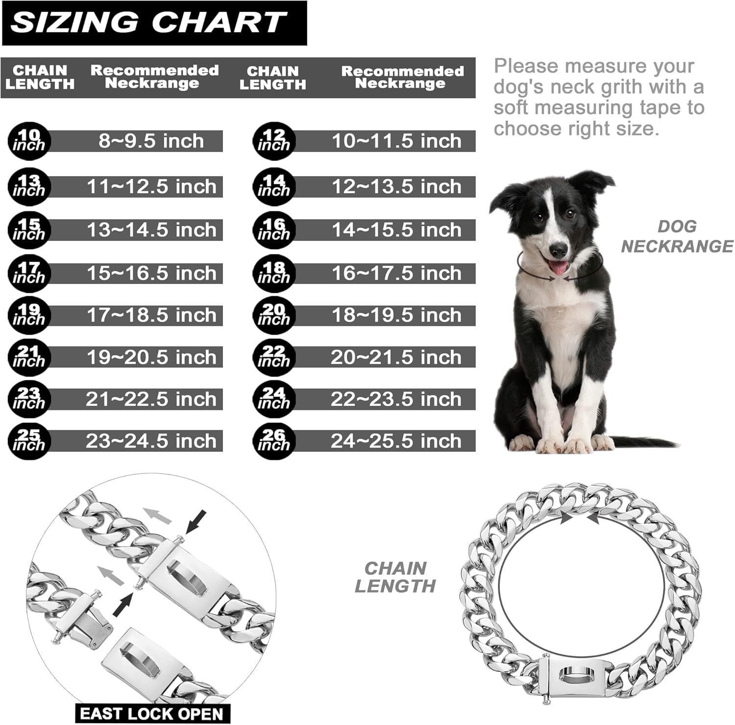 Dog Chain Collar Walking Metal Collar with Design Secure Buckle Cuban Link Strong Heavy Duty Chew Proof for Large Dogs(19Mm, 22")