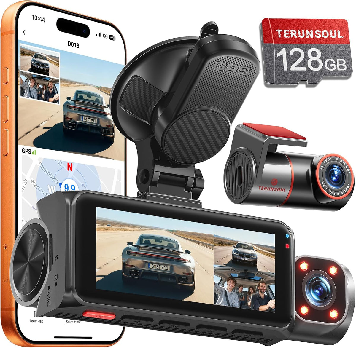 4K+4K+1080P 3 Channel Dash Cam, Free 128GB Card, Aprox HD Night Vision