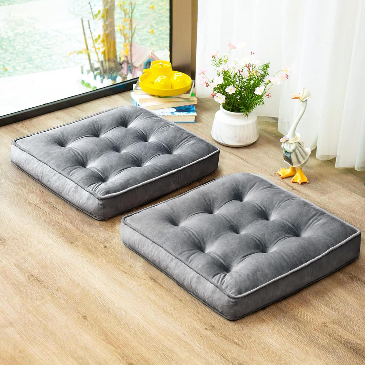 1 MIDDLE ONE Floor Pillow Set of 2, Memory Foam Meditation Cushion, Floor Cushions for Adults Sitting, Large Square Seat Cushions for Yoga, Living Room, 20X20 Inch (Grey)