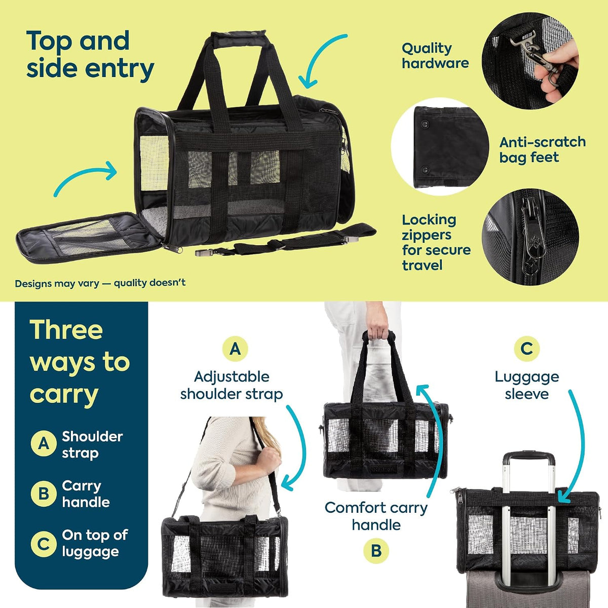 Sherpa Pet Carrier Airline Approved with Spring Wire Frame - Cat & Dog Carrier for In-Cabin Travel, Mesh Ventilation, Locking Zippers - Black Lattice, Large