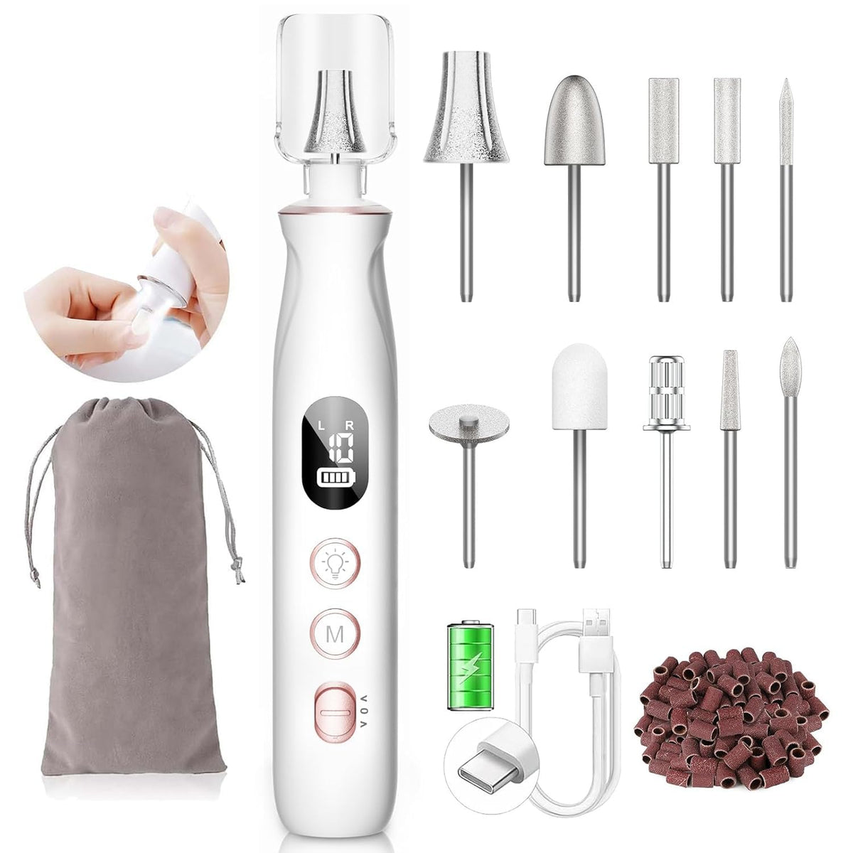 Electric Nail File Drill, Cordless Toe Nail Grinder for Thick Toenails & Callus, 10-Speed 2000Mah Rechargeable Nail Filer, Manicure Pedicure Kit with LED Lamp, Gifts for Men Women