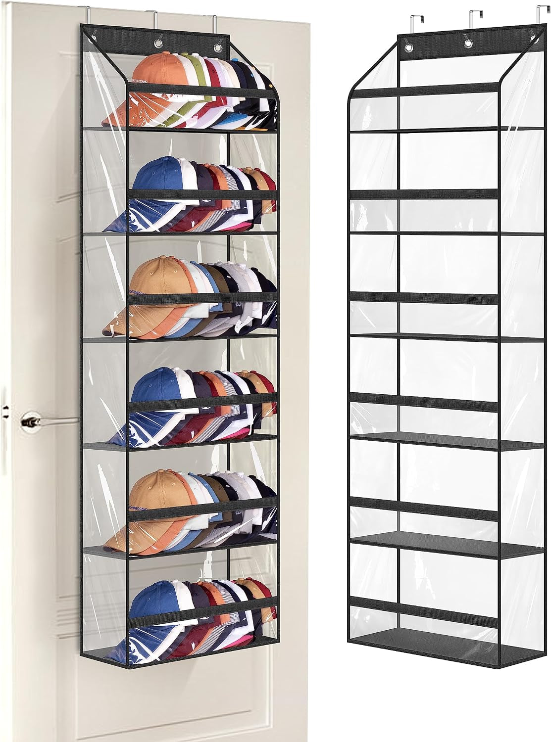 AOODA Clear over the Door Hat Racks for Baseball Caps, Large Holds up to 72 Caps Hat Storage Organizer for Closet Wall, Deep Pockets Hanging Hat Holder with 3 Hooks, Black