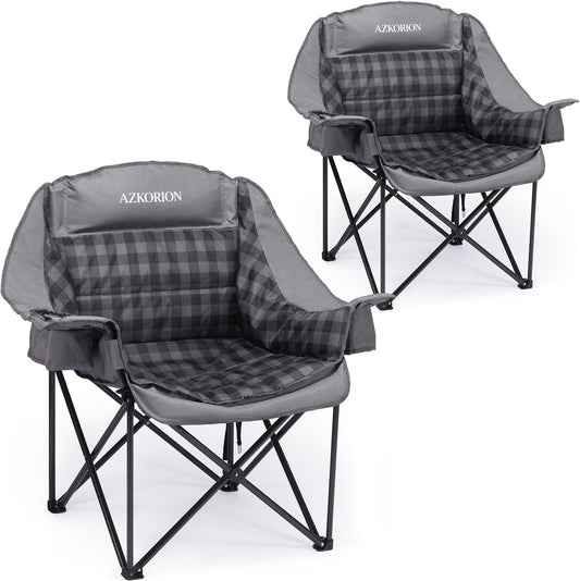 2 Pack Oversized Camping Chair for Adults, Portable Heavy Duty Padded Outdoor Chairs with Phone Pouch and Side Cup Holder for Camping, Fishing, Beach, Sports, Supports 500Lbs