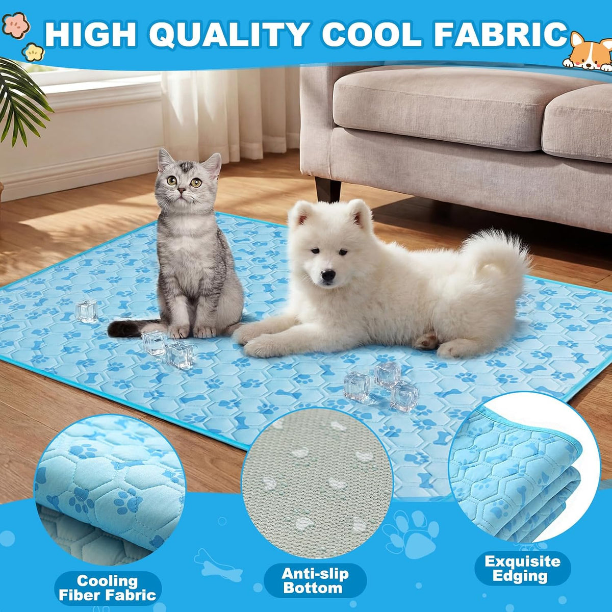 Hahafelt 4 Pack Dog Cooling Mat with Storage Bag 40" X 28" Blue Ice Silk Cooling Mat for Dogs Cats Washable Foldable Pet Sleeping Pad for Crate Bed Indoor and Outdoor Floor