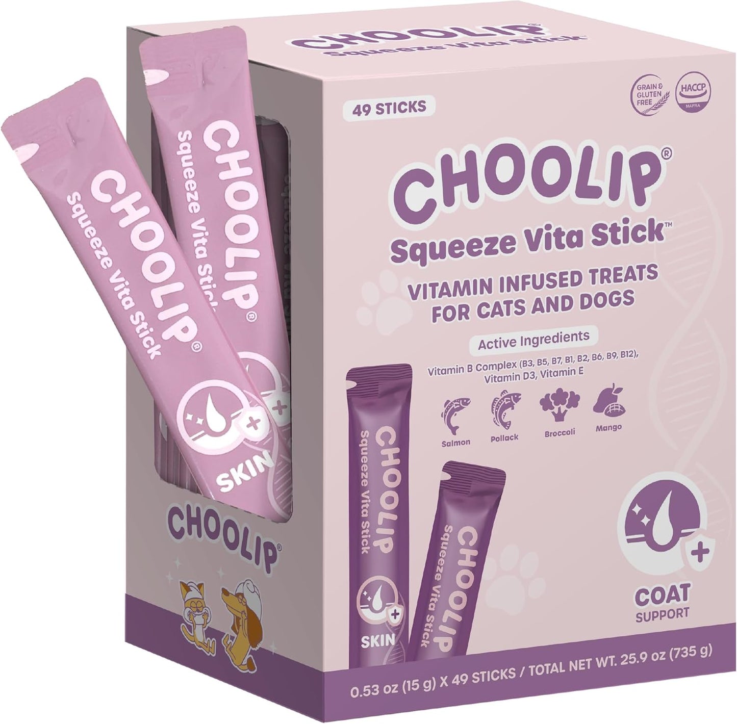 Choolip Squeeze Vita Stick Lickable Cat and Dog Treats, 49-Count Skin and Coat Variety Pack, Salmon and Pollack with Biotin and Vitamin E
