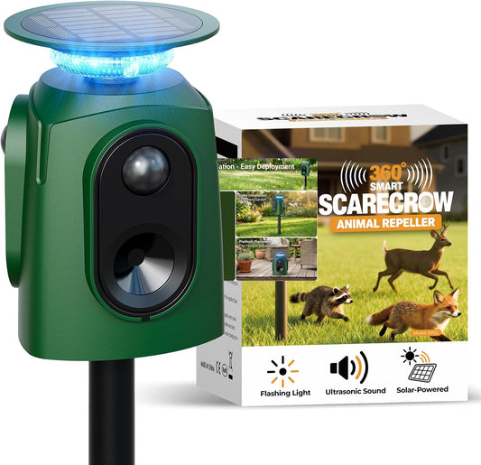 Solar Powered Cat Repellent Ultrasonic Deer Repellent 360 Degree Animal Deterrent Waterproof Squirrel Repeller with Flashing Light Outdoor Skunk Repellent Outdoor Yard Lawn Garden (1, Olive)