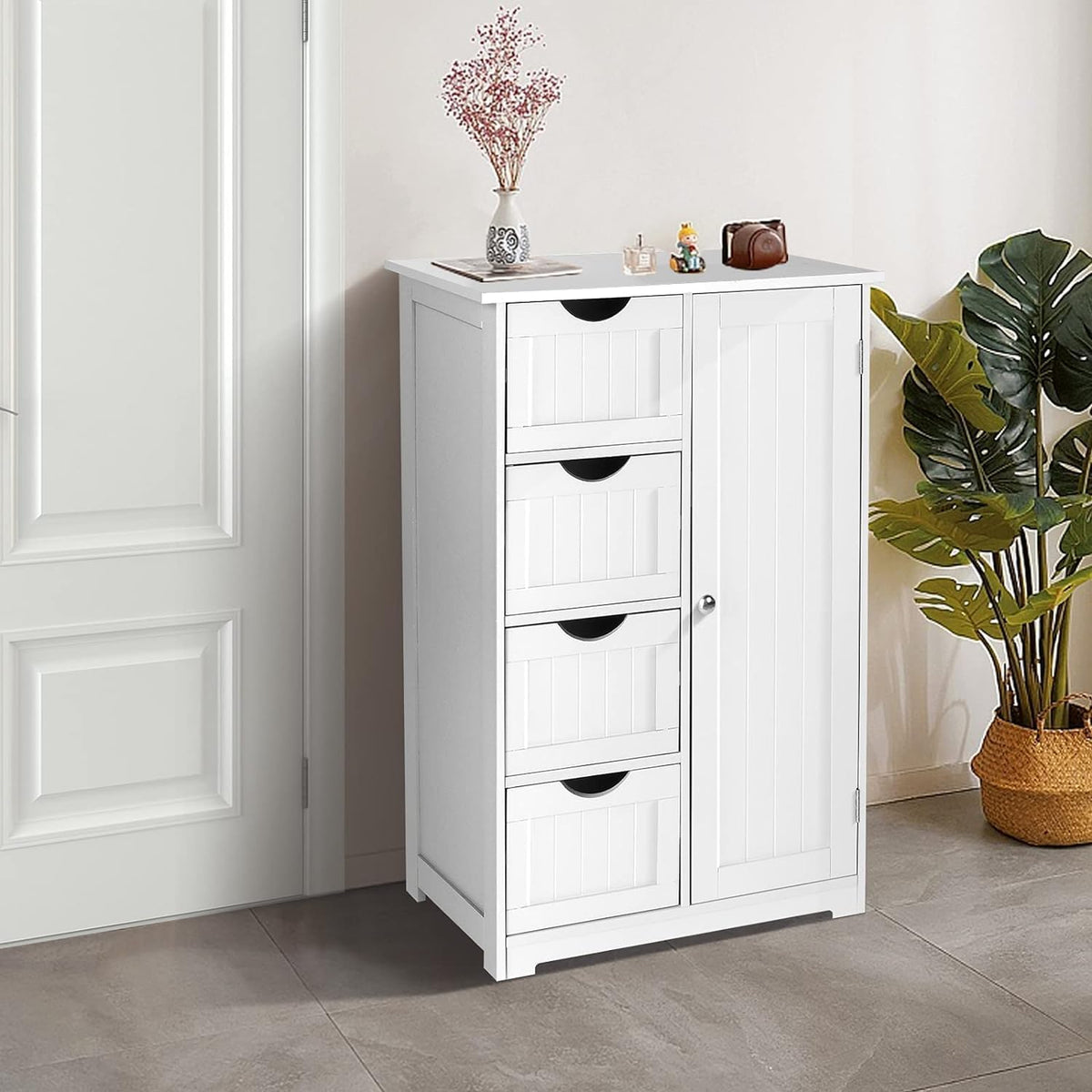VINGLI White Bathroom Storage Cabinet with 4 Drawers 1 Cupboard Side Storage with Adjustable Shelf, Wood Bathroom Floor Cabinet with Drawers Also for Kitchen, Entryway, 22" Wx11.8 Dx32.3 H