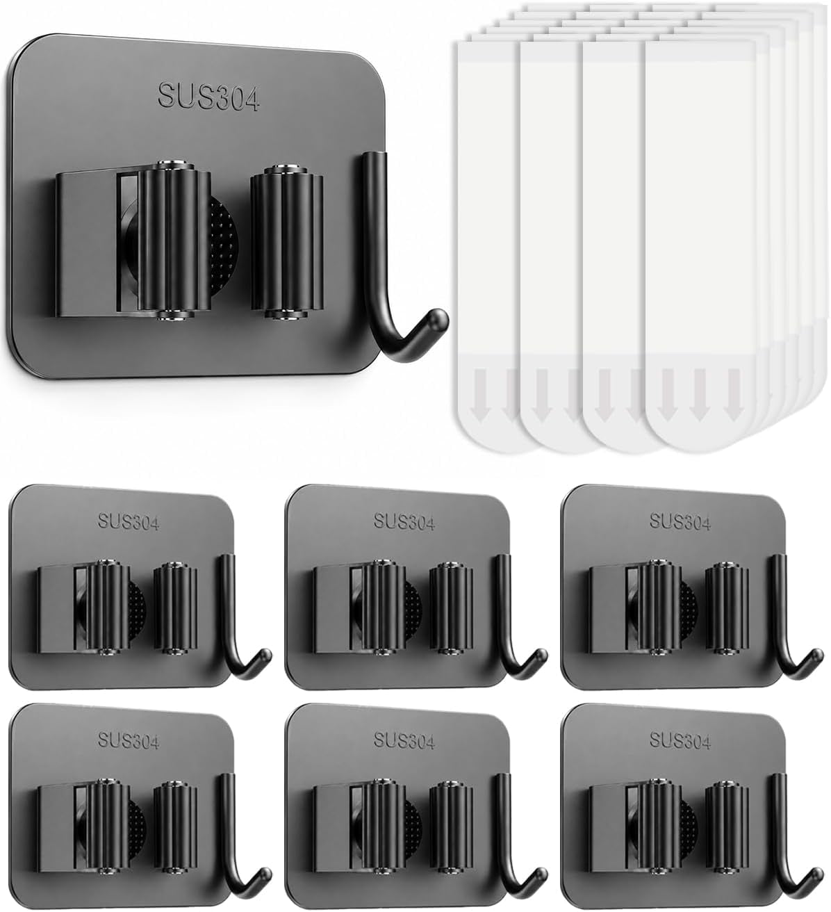 6Pcs Broom Holder Wall Mount with Hooks, Damage-Free Broom and Mop Organizer Wall Hanging, Heavy Duty Self Adhesive Broom Hanger Clips Storage Rack for Garden, Laundry Room Tools, SUS 304, Matte Black