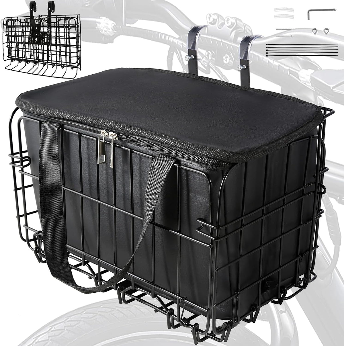 Bike Basket Front, Folding Bicycle Basket with Removable Waterproof Liner Bag,Quick Release Design,Rear Hanging Cargo Rack,Bike Accessories Frame Basket for Adult Women Men Carrying Dogs,Pet,Grocery