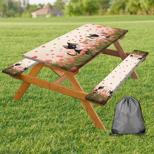 30X72 Inch 3 PCS Picnic Table Cover with Bench Cover Retro Cute Cats Water-Resistant Fitted Tablecloth Polyester Fabric Backing Rectangular Elastic Edged for Camping Outdoor Patio Travel Fitted