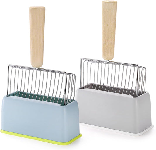 Hiceeden 2 Pack Fast Sifting Cat Litter Scoop with Stand, Metal Kitty Litter Scoop Holder with Wooden Handle, Easy Clean Cat Poop Scooper for Kitten Litter Box, Gray and Blue
