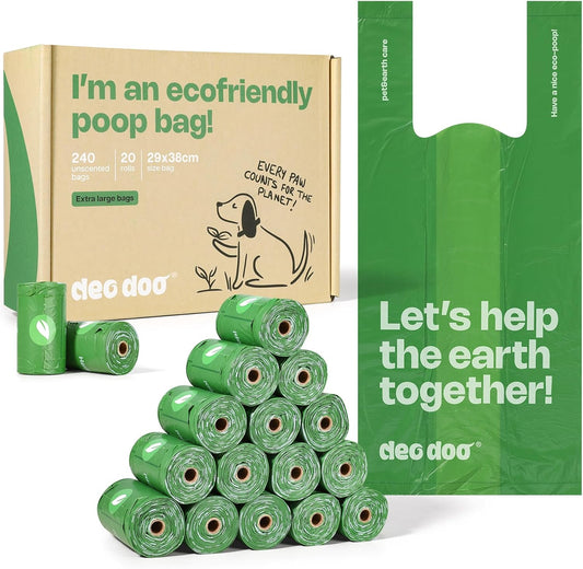 Deo Doo Dog Poop Bags with Handles, Large Size, 240 Bags, Unscented