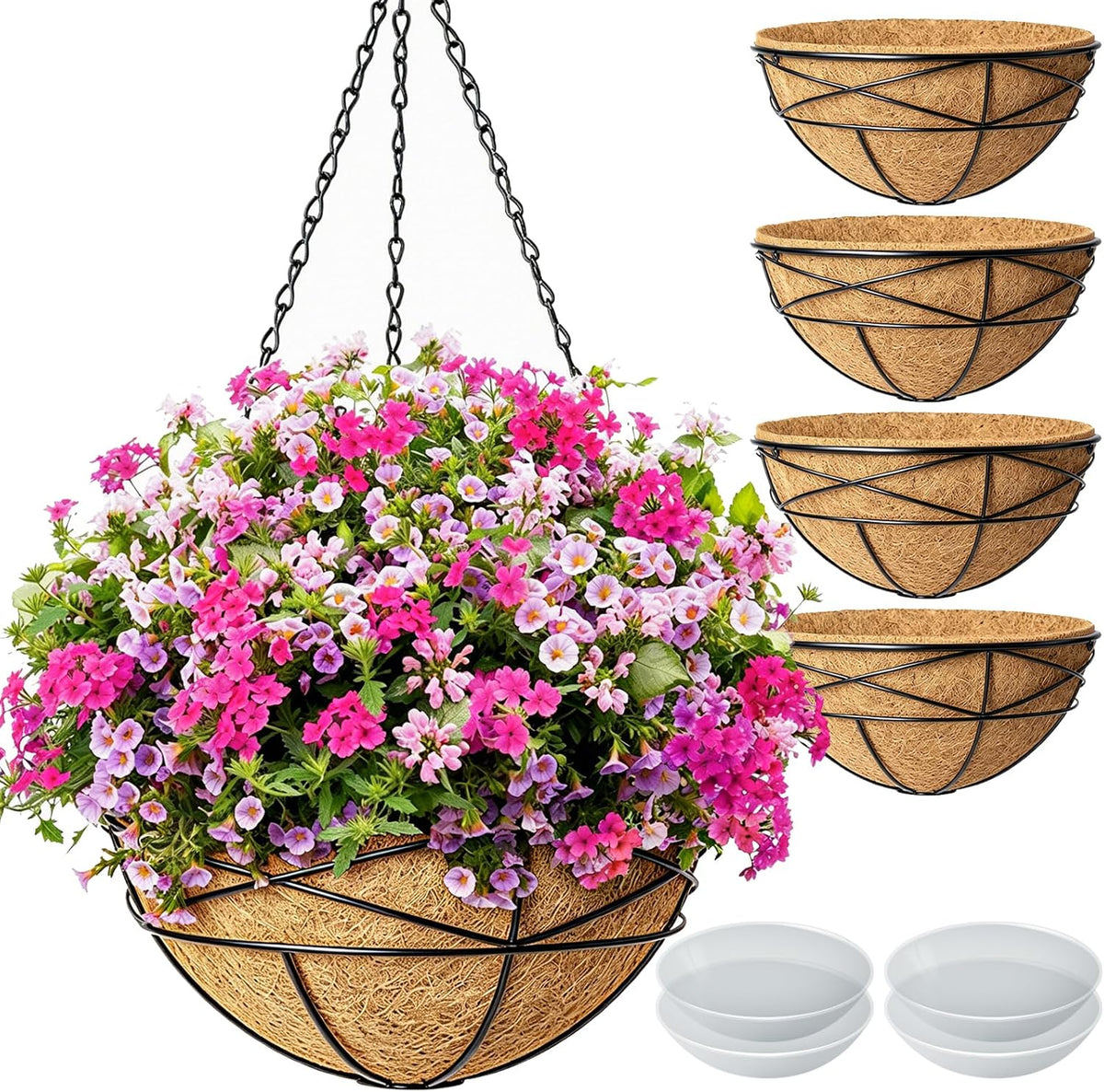 4 Pack 12 Inch Hanging Planters for Outdoor Plants Metal Watering Flower Baskets with Coco Liner for outside Planting Plant Holder Pot for Home Garden Porch Balcony Railings Decor