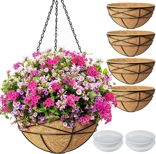4 Pack 12 Inch Hanging Planters for Outdoor Plants Metal Watering Flower Baskets with Coco Liner for outside Planting Plant Holder Pot for Home Garden Porch Balcony Railings Decor