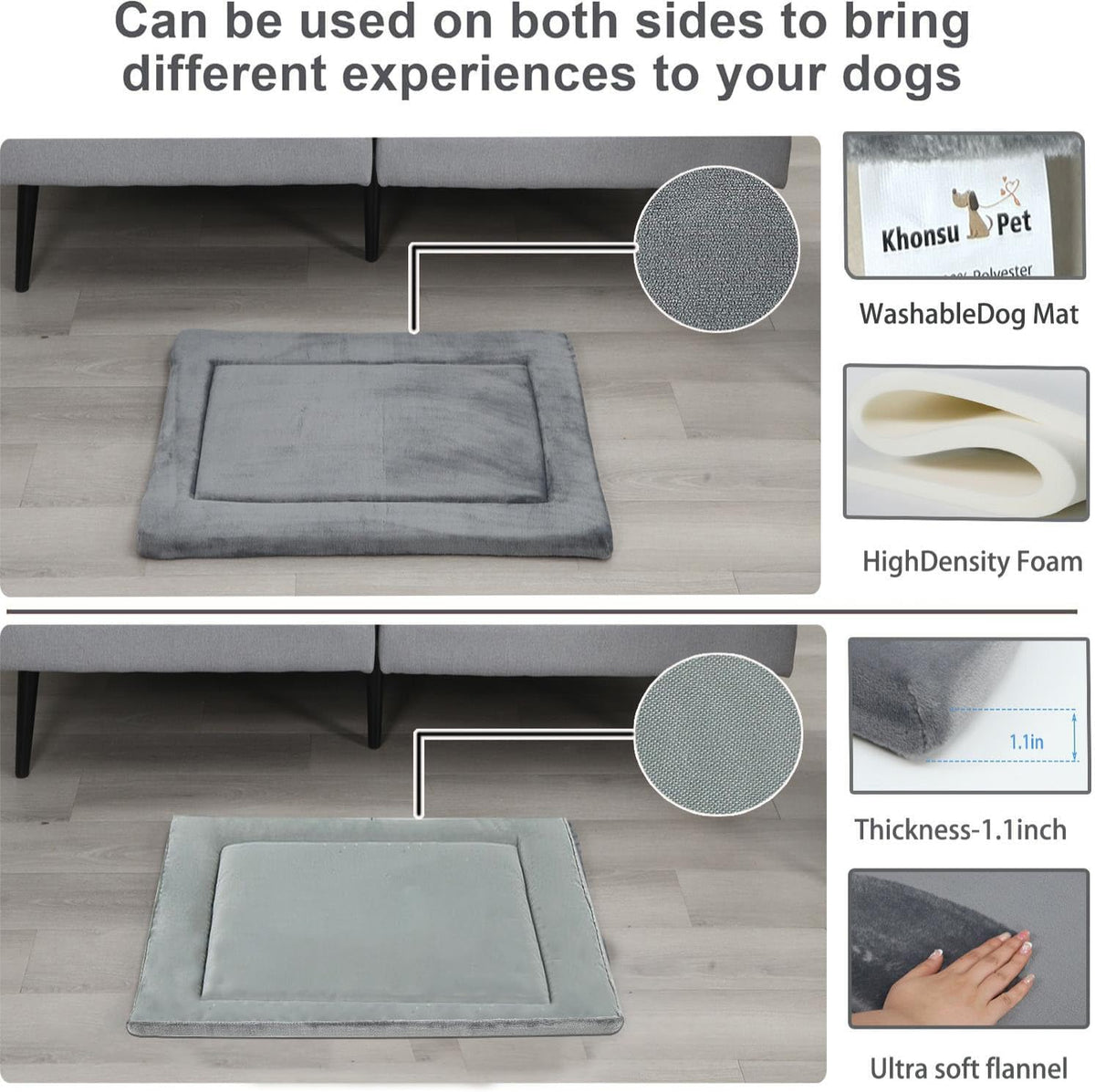 KHONSU PET Dog Bed Mat for Crate 1.1In Slim Cooling Pad Reversible Flannel & Waterproof Canva for XXXL Dogs up to 130 Lbs, Fits 54"X33" Basic Crate