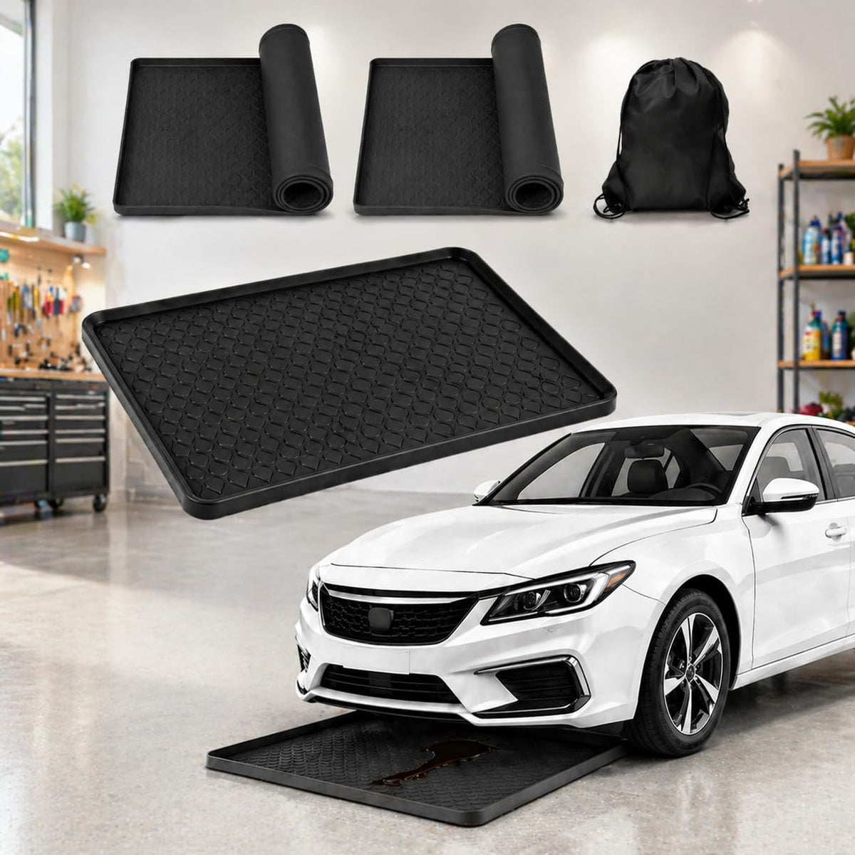 2PCS Oil Drip Pan, Extra Large 34"X22" Silicone Oil Drip Mat for under Car, 2Cm Strengthen and Raise the Edges, Reusable Non-Absorbent, Easy to Clean, Non-Slip Garage Floor Protector with Storage Bag