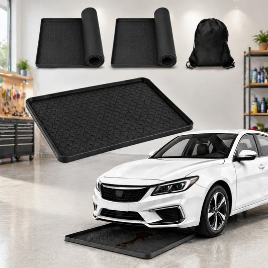 2PCS Oil Drip Pan, Extra Large 34"X22" Silicone Oil Drip Mat for under Car, 2Cm Strengthen and Raise the Edges, Reusable Non-Absorbent, Easy to Clean, Non-Slip Garage Floor Protector with Storage Bag
