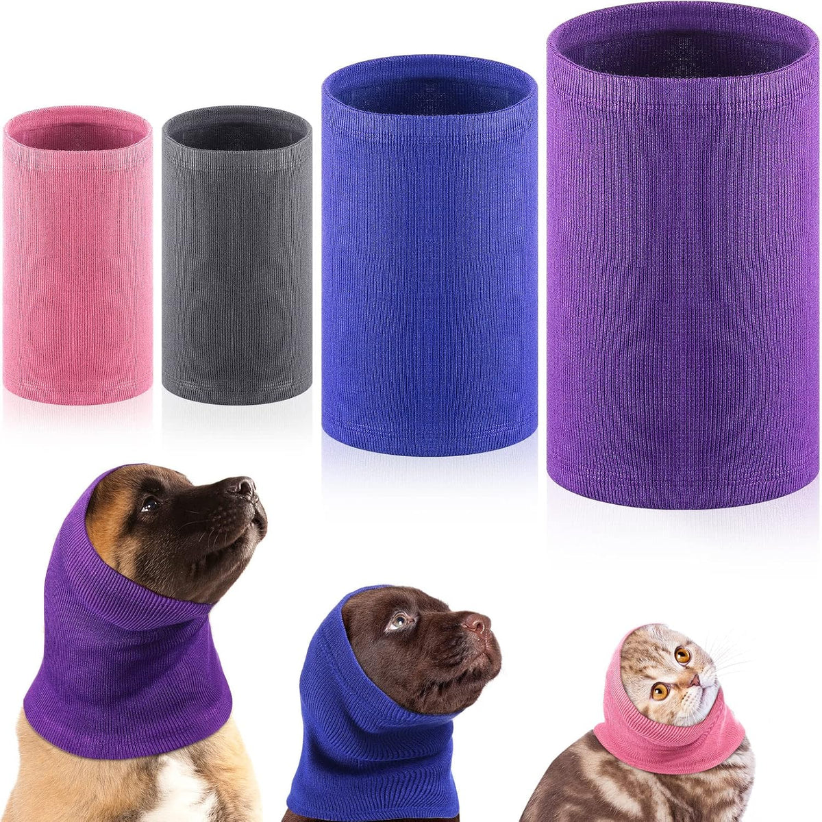 Saintrygo 4 Pcs Dog Snoods Pet Ear Wrap Cover Sound Proof Muffs for Barking and Bathing Warm Winter Scarf for Calming(Gray, Pink, Blue, Purple,S,M,L)