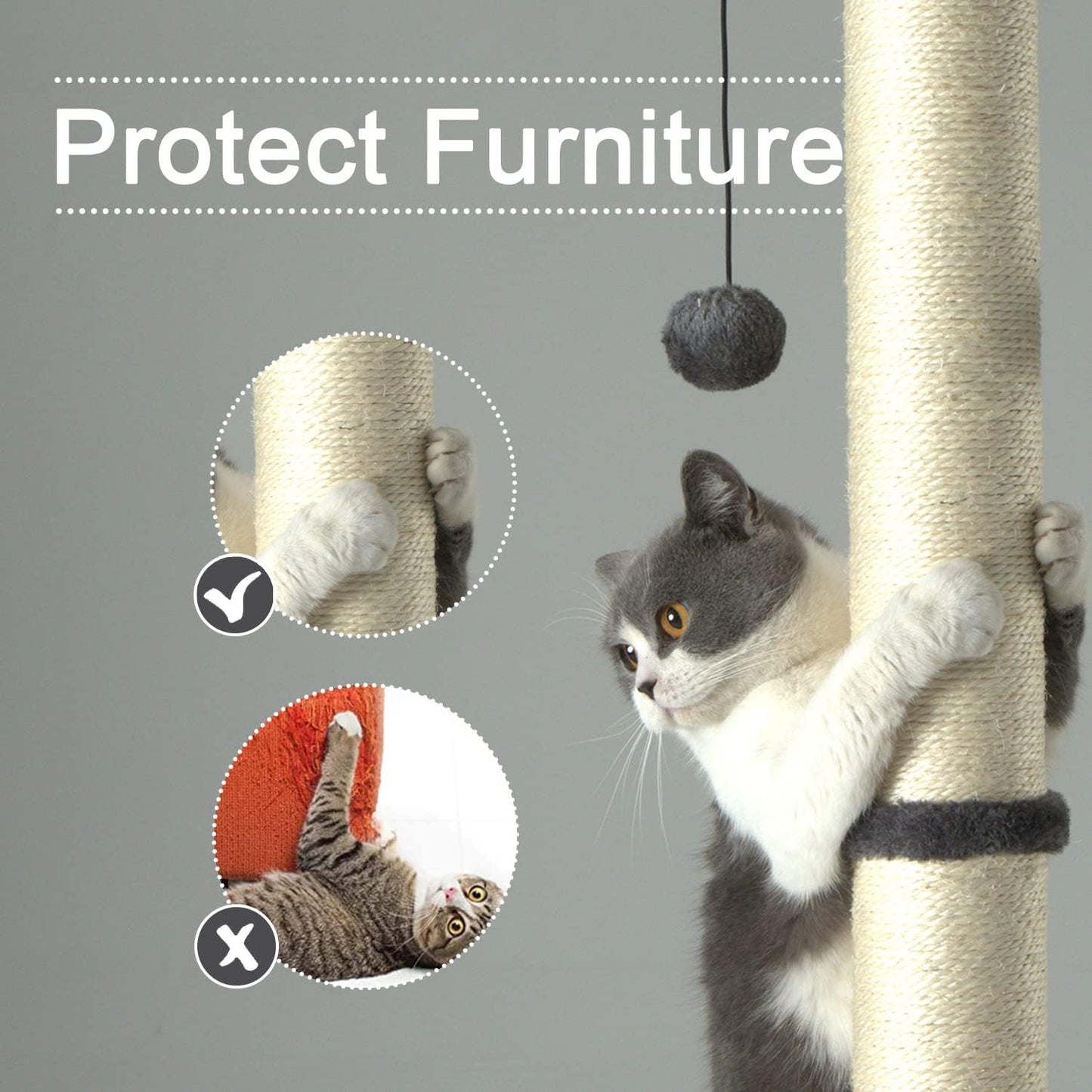 PEEKAB 32" Tall Cat Scratching Post Sisal Scratch Posts,With Hanging Ball and Self-Massage Brush Vertical Scratcher for Indoor Cats and Kittens Gray 32Inches