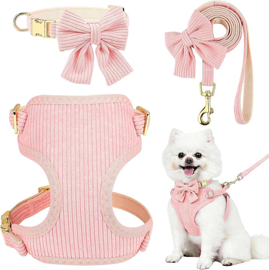 Small Dog Collar Harness and Leash Set, Dog Harness No Pull with Bowtie, Breathable Cotton Adjustable Pet Puppy Harness, Easy Walk Dog Harness, S(14–18.9")