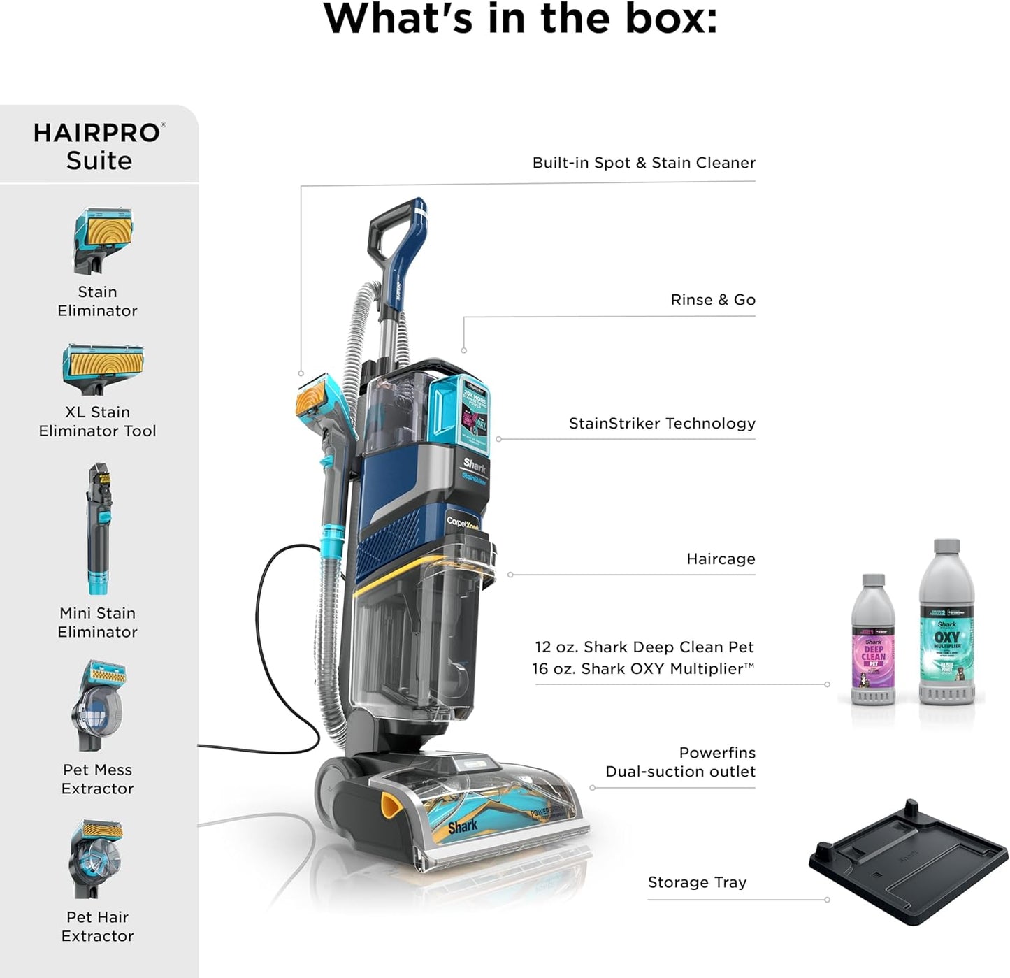 Shark Carpetxpert Hairpro | Upright Carpet, Area Rug & Upholstery Cleaner | Stainstriker Handheld Tough Stain Remover & Onboard Self Clean | Pet Hair Pickup & Odor Removal | 5 Tools | Navy | EX304