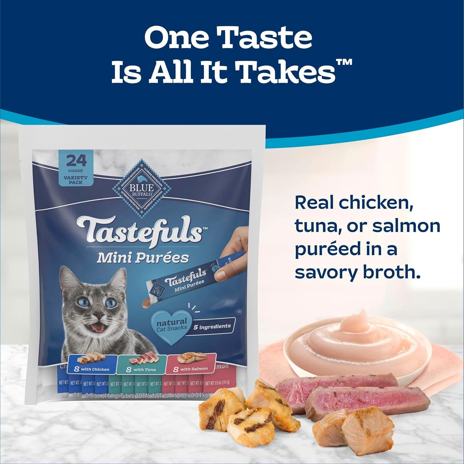 Blue Buffalo Tastefuls Mini Purées Natural Cat Treats, Chicken, Tuna, Salmon Variety Pack, 0.5 Oz. Single Servings, 24-Count