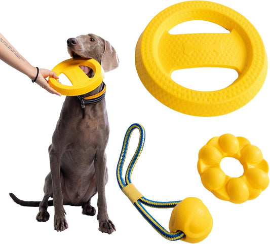 Dog Chew Toy Set, 3 Pack Heavy-Duty TPE Flying Ring, Rope Ball & Flower Chew Ring, Durable Interactive Dog Toys for Small, Medium & Large Dogs