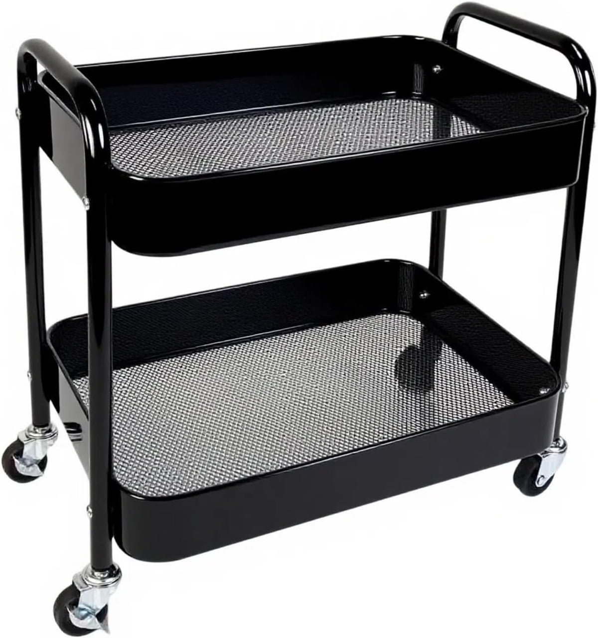 2 Tier Short Rolling Cart with Wheels for under Desk Storage & Panrty Floor Organizer, Large Capacity Metal Kitchen Utility Cart, Sturdy Makeup Organizer for Small Space with 4 Hooks, Black