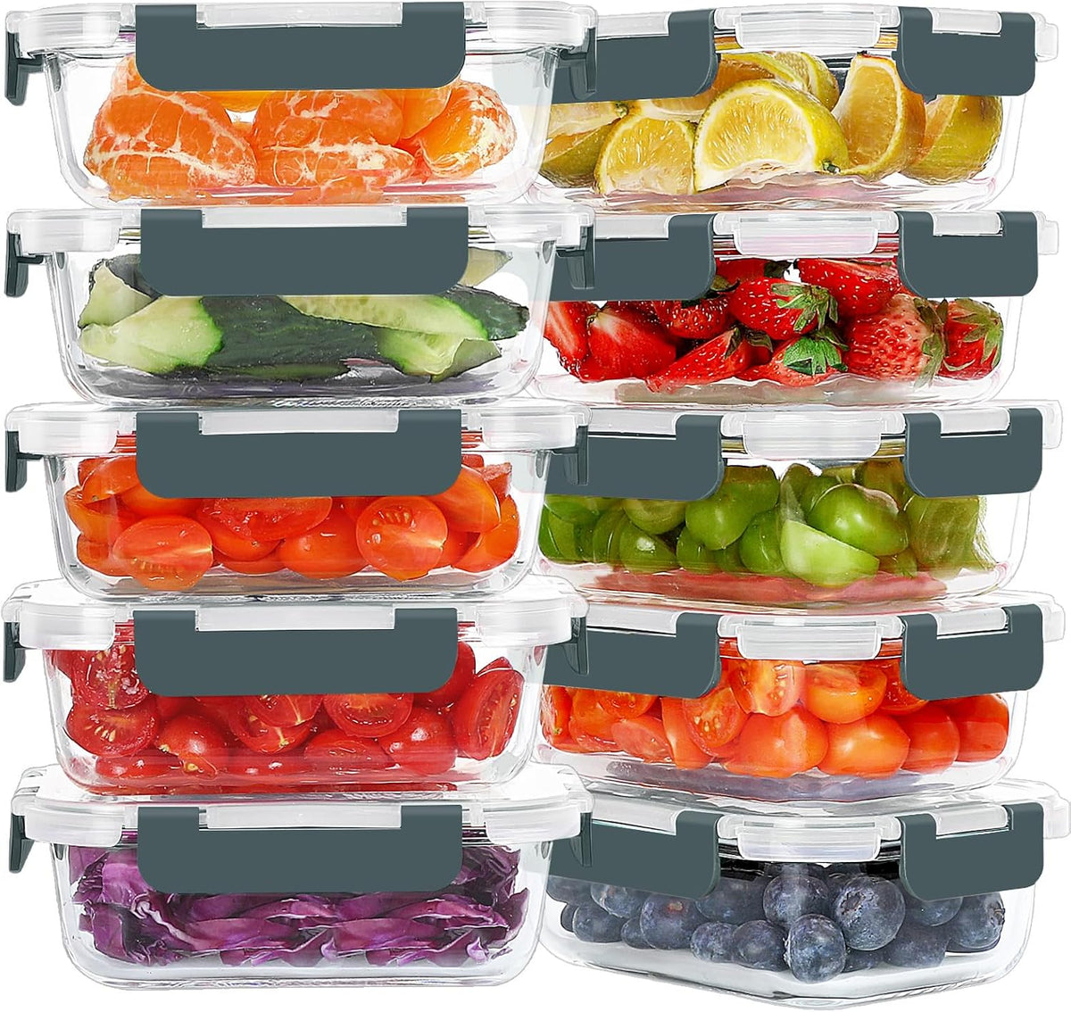 KOMUEE 10 Packs 22 Oz Glass Meal Prep Containers, Gray