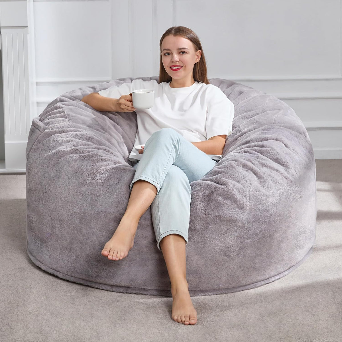 Hobestluk Adult Bean Bag Chair 4FT Large Lounger with Plush Cover, Grey