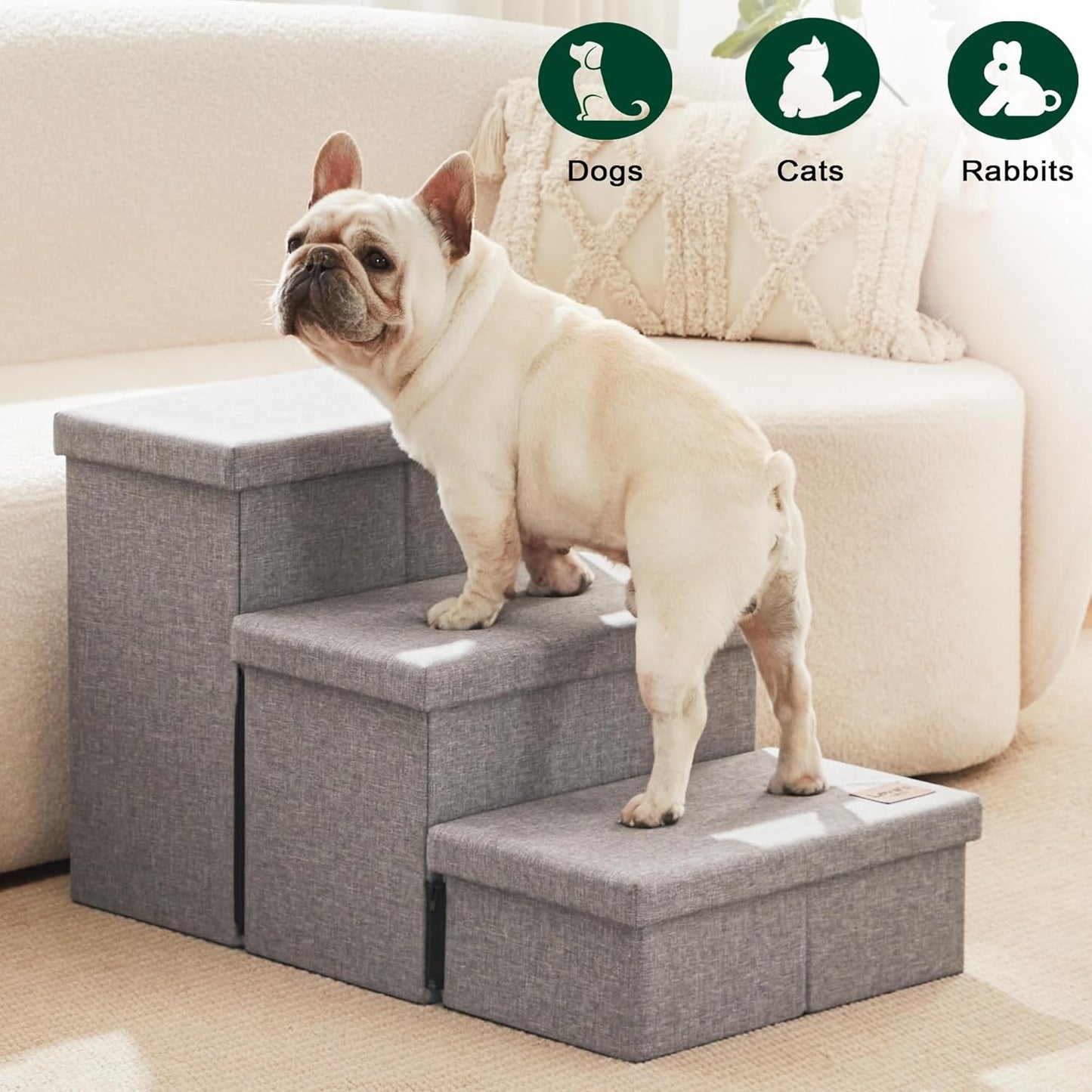 Love'S Cabin Dog Stairs for High Bed 18" H, Foldable Pet Stairs for Small Medium or Large Dogs Puppy with Storage for Bed or Couch, Cat Dog Steps Ramp with Zip up to 200 Lbs, Solid Grey, 3 Steps