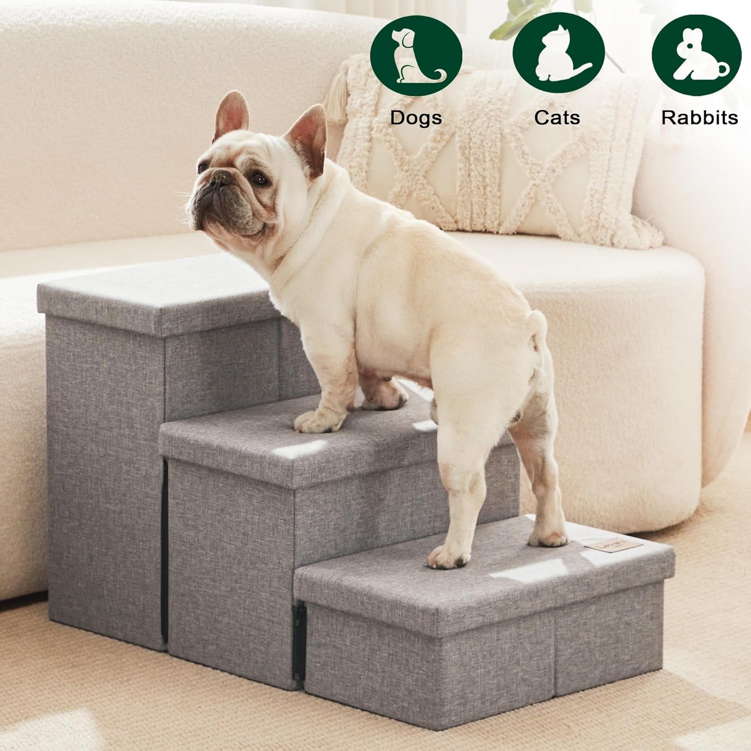Love'S Cabin Dog Stairs for High Bed 18" H, Foldable Pet Stairs for Small Medium or Large Dogs Puppy with Storage for Bed or Couch, Cat Dog Steps Ramp with Zip up to 200 Lbs, Solid Grey, 3 Steps
