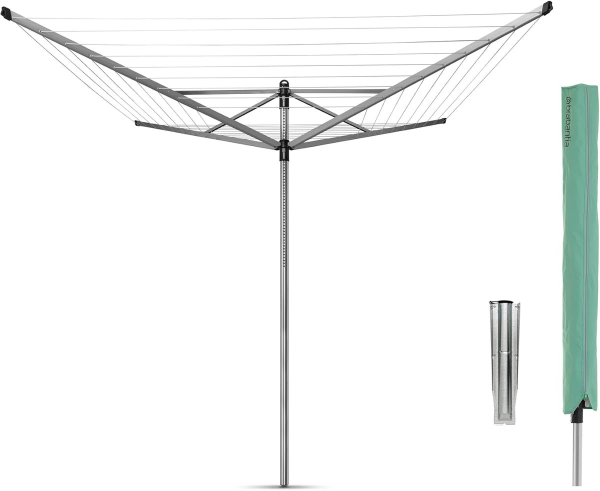 Brabantia Lift-O-Matic Outdoor 4 Arm Clothesline (197 Ft/Ø 1.8") Height Adjustable, Folding Clothes Drying Rack + Ground Spike & Cover (Gray)