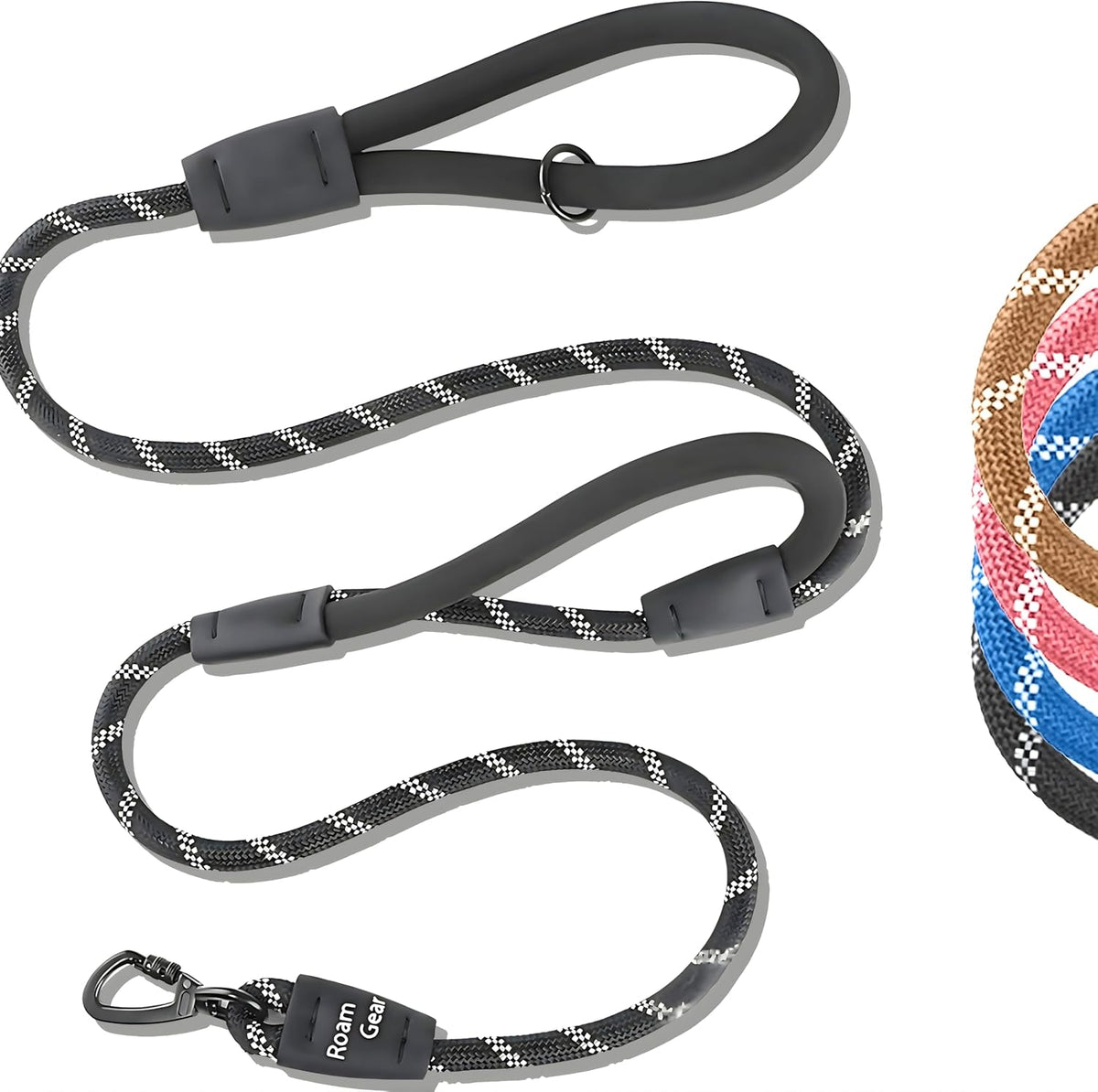 6 Foot Dog Leash, Two Extra Padded Handles, Locking Carabiner Clip, Reflective for Night Visibility, Weatherproof, Heavy Duty Rope Leash, Roam Gear (Black)