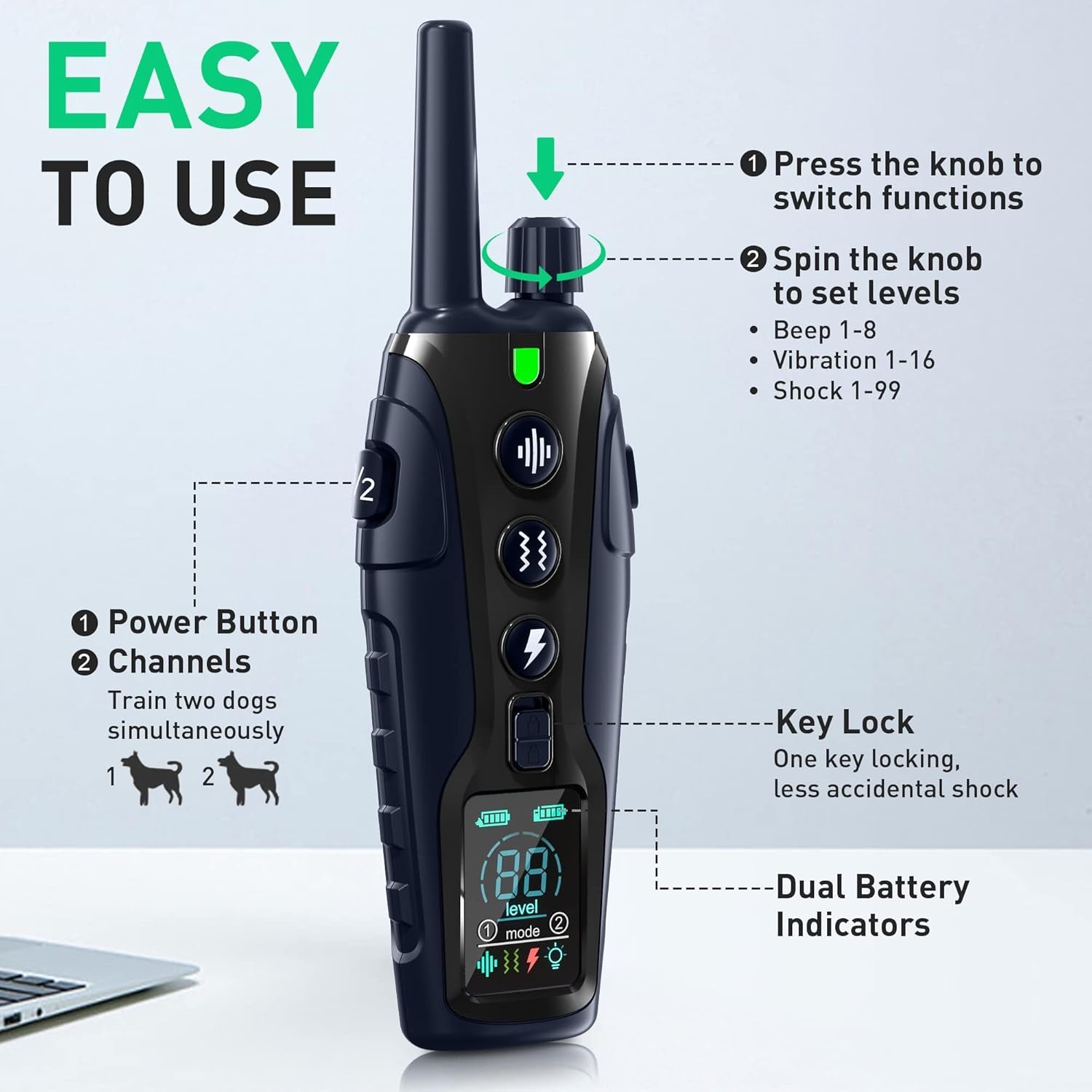 Dog Shock Collar 2 Dogs(15-150Lbs) with Flashing Light for Night Walks,4500Ft Dog Training Collar Adjustable Pitch Beep(1-8), Vibration(1-16), Safe Shock(1-99), and Keypad Lock