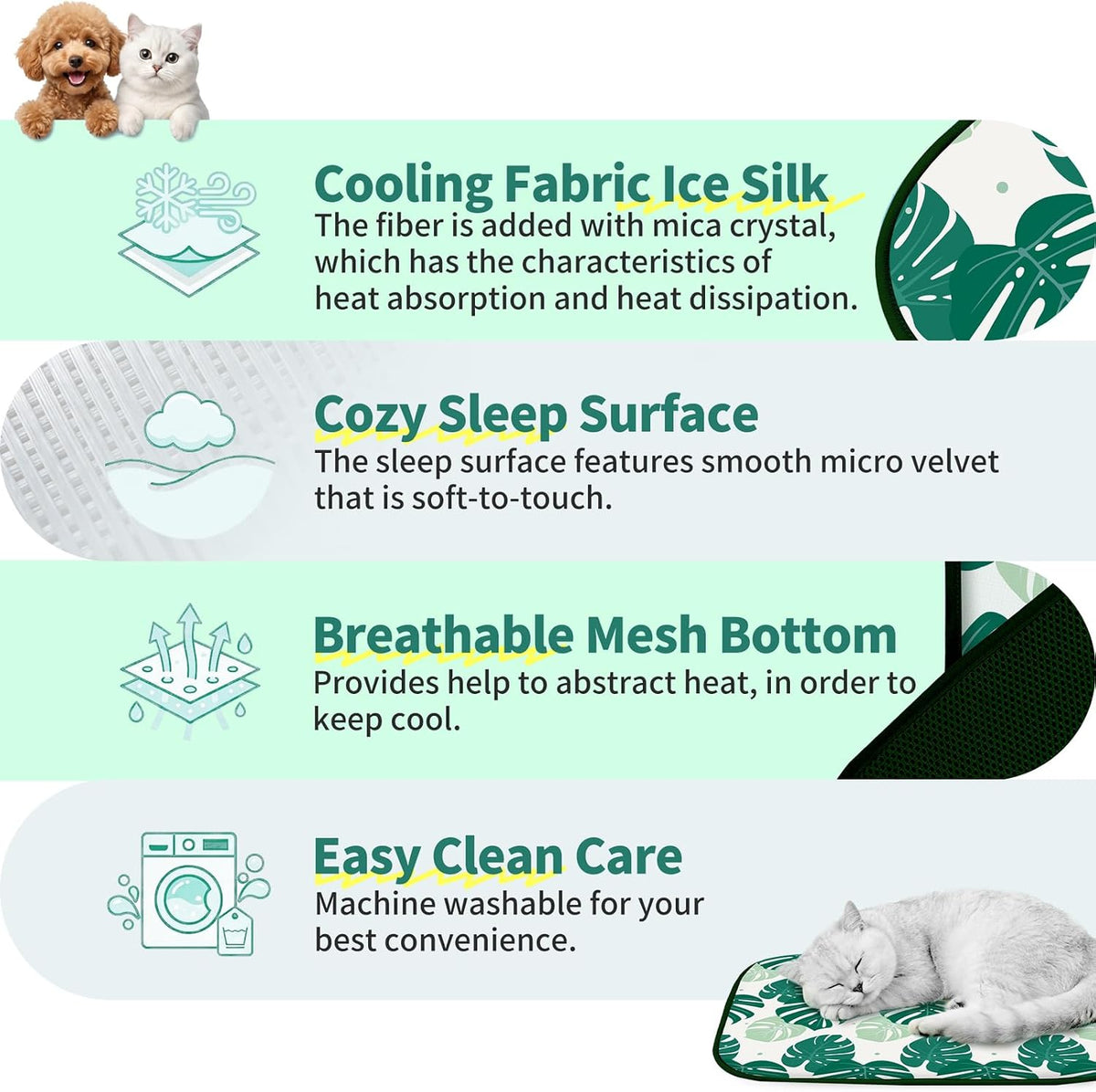 NWK Pet Cooling Mat Q-Max>0.345 Fabric for Dogs & Cats (Green Leaf, Medium)