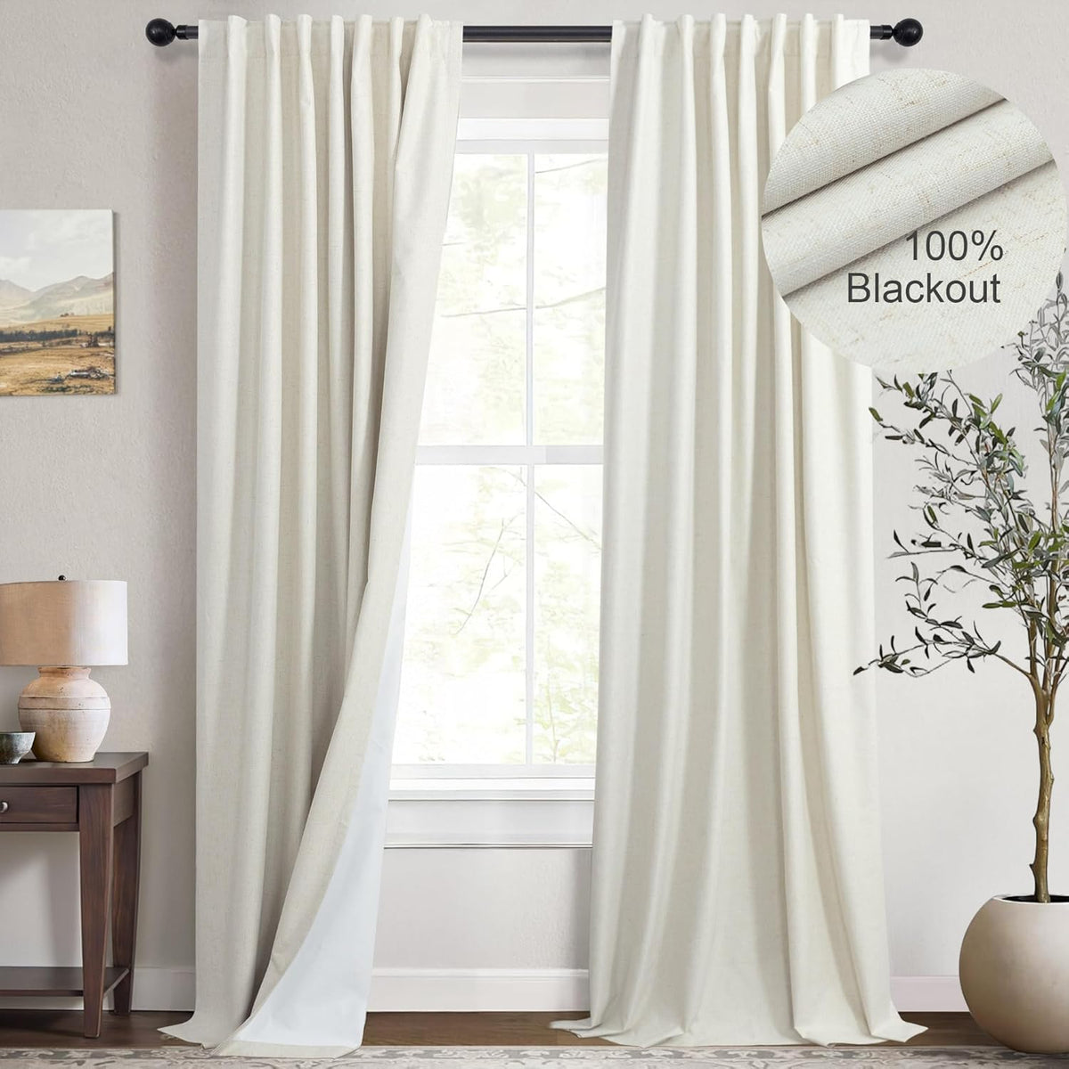 Cream Linen Blend Blackout Curtains 84 Inch Long 2 Panel Back Tab Thermal Insulated Light Blocking Curtain for Living Room Black Out Drape for Bedroom Neutral Rustic Farmhouse 52X84 Length Ivory White