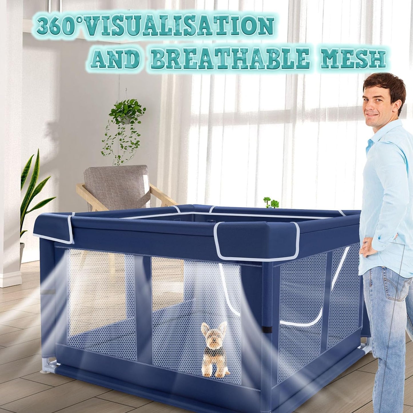 XVISHX 42X42 Inches Puppy Playpen with Gate, Dog Playpen for Puppies or Small Dogs, Dogfence Pet Playpen for Indoor & Outdoor, Sturdy Safety Dogpen with Thickened Fabric, High-Strength Nylon Wire Mesh