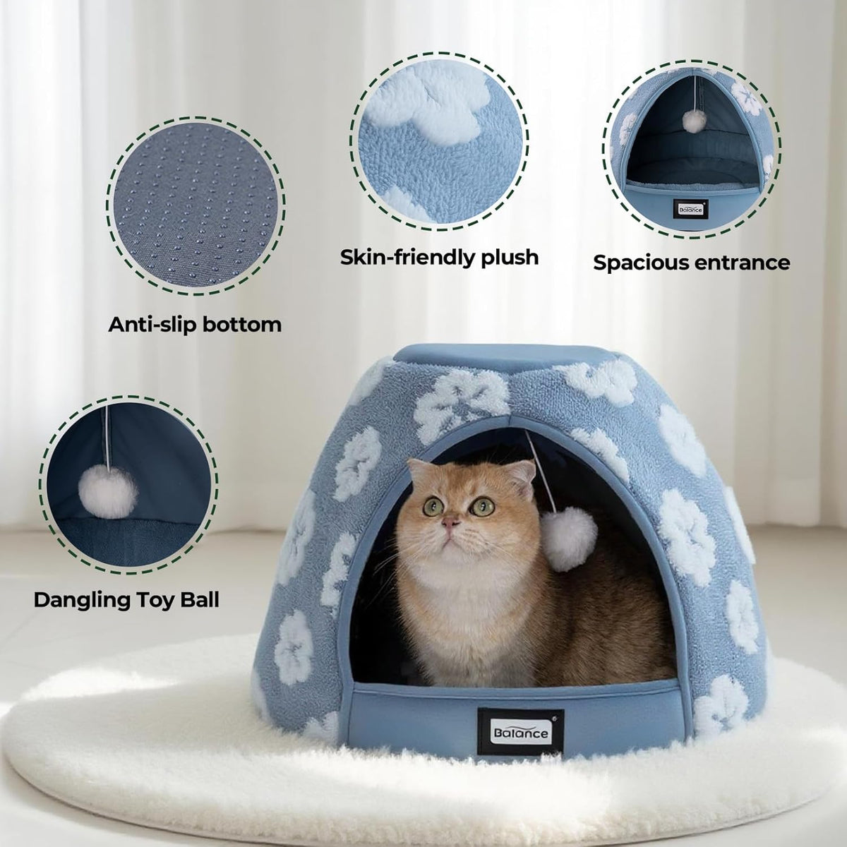 BALANCE Cat Beds for Indoor Cats, 2-In-1 Cat Bed Cave with Anti-Slip Bottom and Ultra-Soft Plush, Cozy Cats House Tent for Kittens and Small Dogs, 19 Inches, Blue