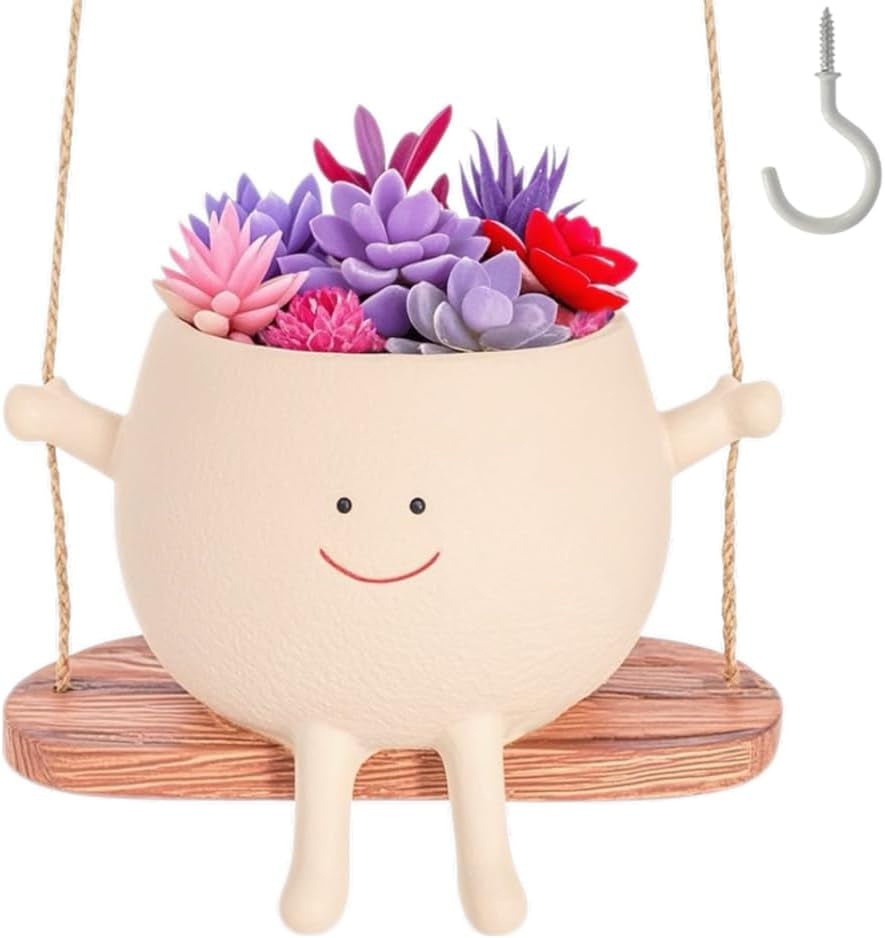 Smiley Face Flower Pot, Swinging Smiley Face Hanging Planter with Drainage Hole, Cute Resin Swing Face Planter for Succulents, String of Pearls & Small Plants, Indoor Outdoor Garden Home Decor