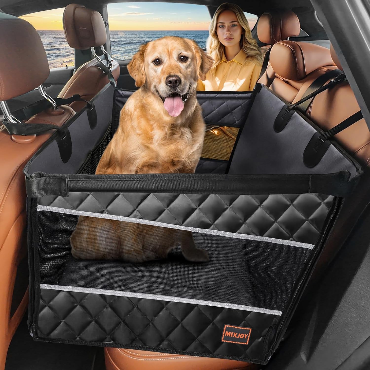 MIXJOY Dog Car Seat for Large Medium Dogs, Back Seat Extender for Pets, Waterproof Pet Carseat for Medium Sized Dog, Hammock for Pet, with Storage Pocket for Cars/Suv/Truck(L-28 * 22 * 20.5In)