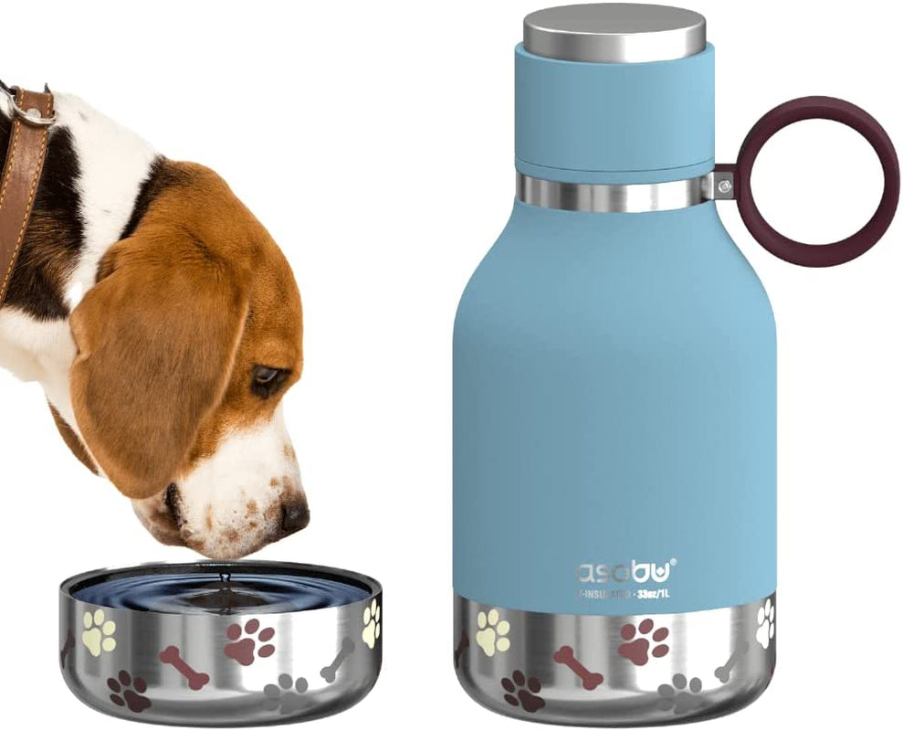 Asobu Dog Bowl Attached to Stainless Steel Insulated Travel Bottle for Human 37Oz/1.1 Liter (Blue)